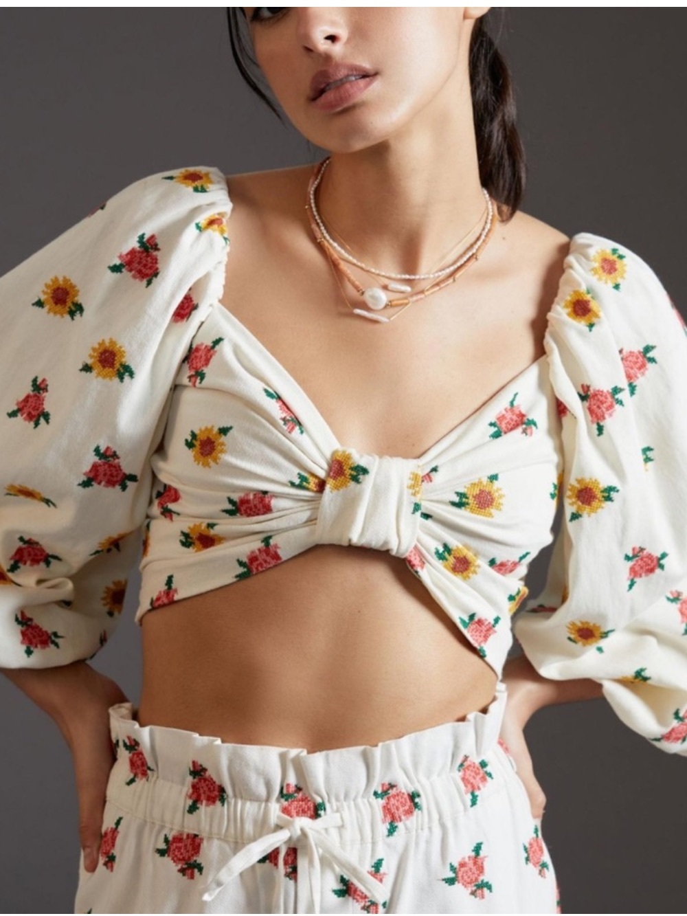 FARM Rio Cream Floral Puff-Sleeve Knot Front Crop Top